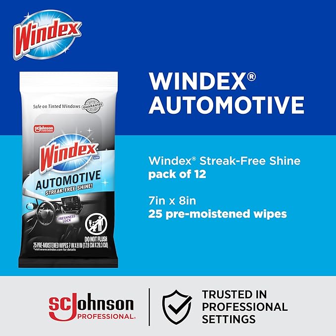 SC Johnson Professional Windex Automobile Wipes 25 CT, Case Pack of 12