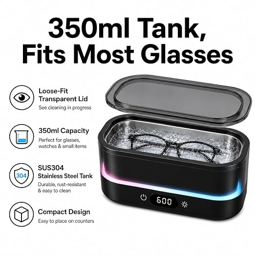 Ultrasonic Cleaner for Jewelry, Glasses & Retainers, 48kHz Sonic Cleaning Machine with LED Ambient Light, Digital Timer, Quiet Deep Cleaner for Rings, Dentures & Watches（Black）