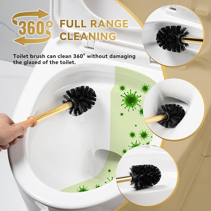Gold Duck Toilet Brush and Holder Set,Non-Slip Handle Toilet Bowl Brush with Wooden & Stainless SteelHandle, Practical Bathroom Accessories Cleaning Tools Set，1 pcs