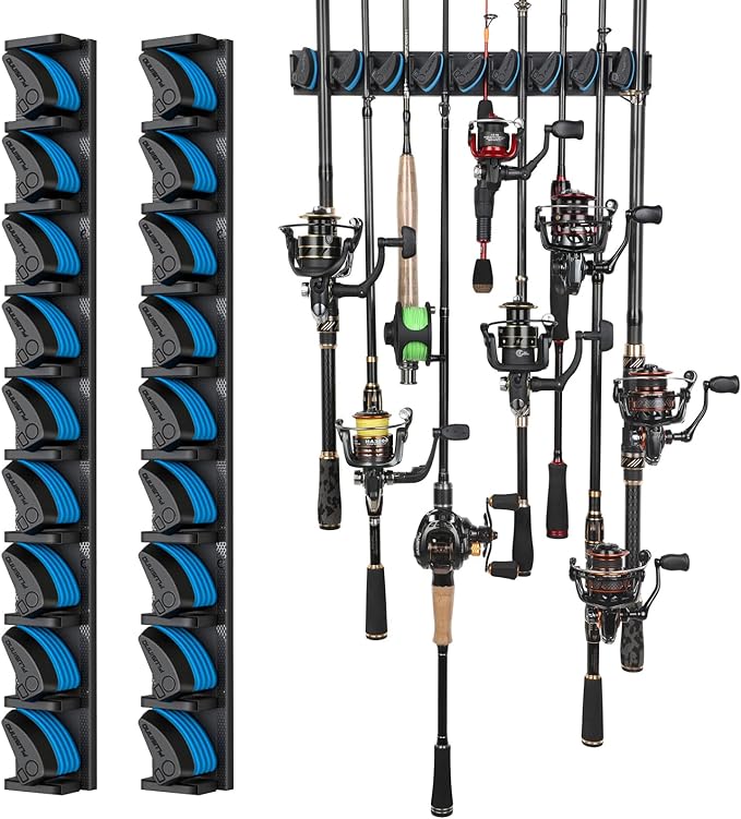 PLUSINNO 2 pack Vertical Fishing Rod rack, Wall Mounted Fishing Rod holder, 2 Packs Fishing Pole Holders Hold Up to 18 Rods or Combos, Fishing rod holders for garage, Fishing Gear and Gifts for Men