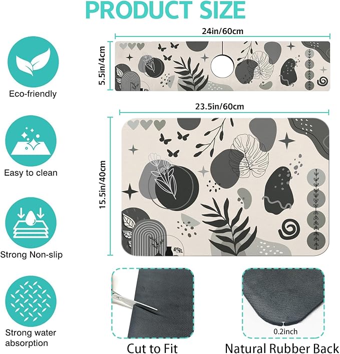 Dish Drying Mat for Kitchen Counter Matt, 2PCS 23"x15" Dish Drainer Mat & 24"x5.5" Sink Splash Guard, Super Absorbent Non-slip Rubber Backed