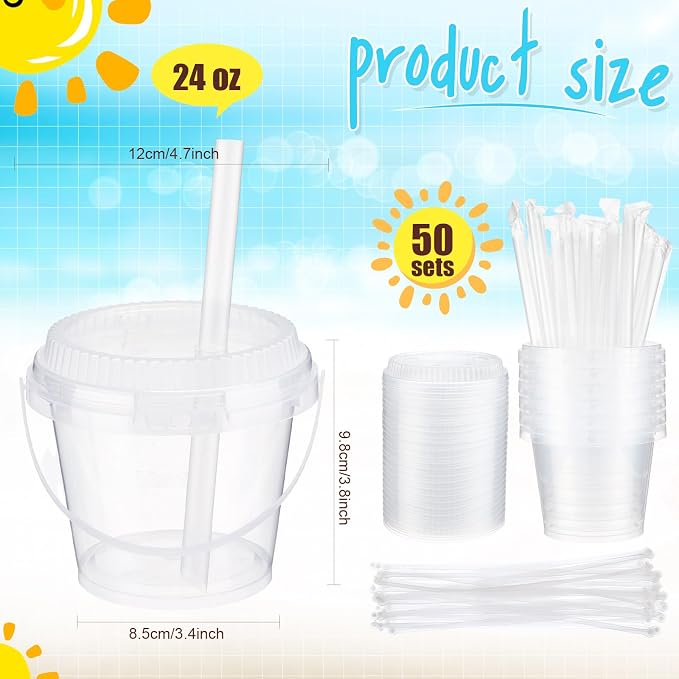 Funnymoom 50 Set 24 oz Clear Drink Buckets with Lids and Straws, Disposable Plastic Rum Cocktail Pails with Handles, Large Smoothie Cups for Adult Bachelorette Party Supplies, Beach & Catering Events