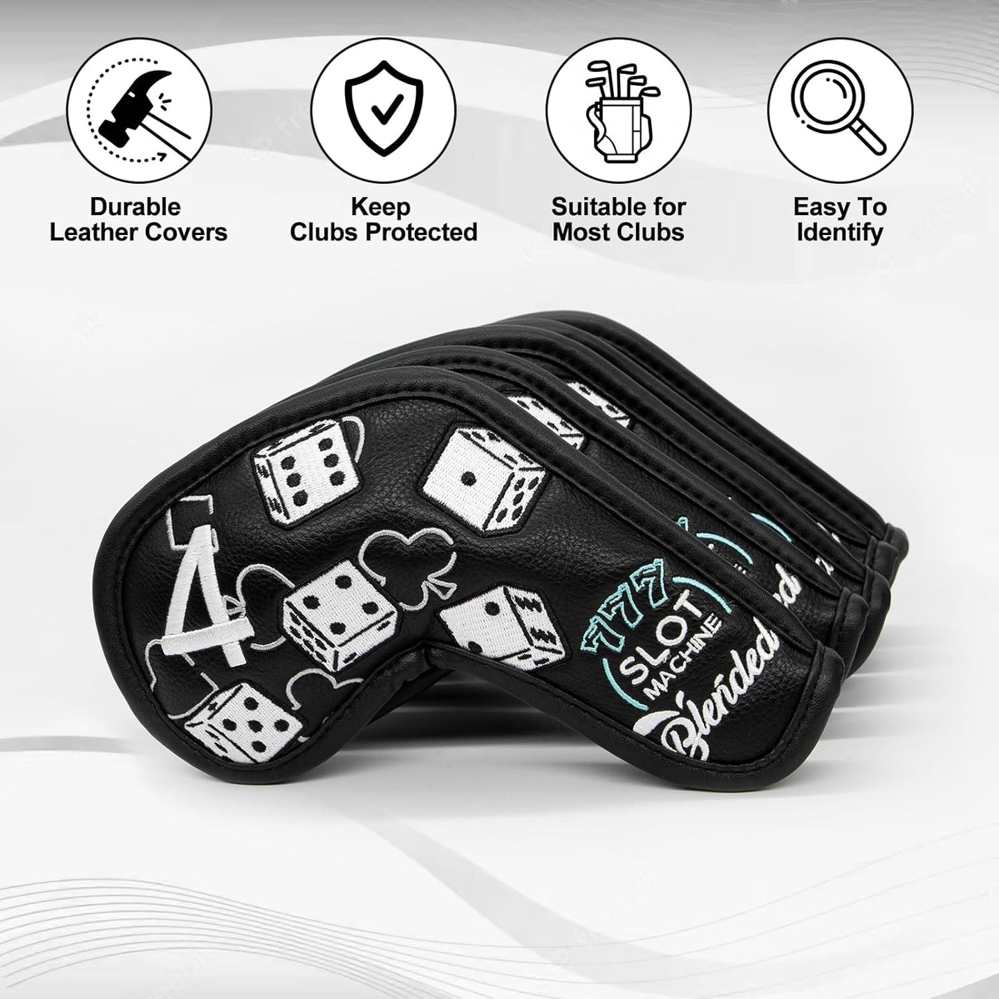 Golf Iron Covers Lucky 777 Golf Iron Headcover 10pcs Synthetic Leather Golf Clubs Iron Covers for Golf Clubs Head Covers for Irons with Magic Tape Fit All Brands