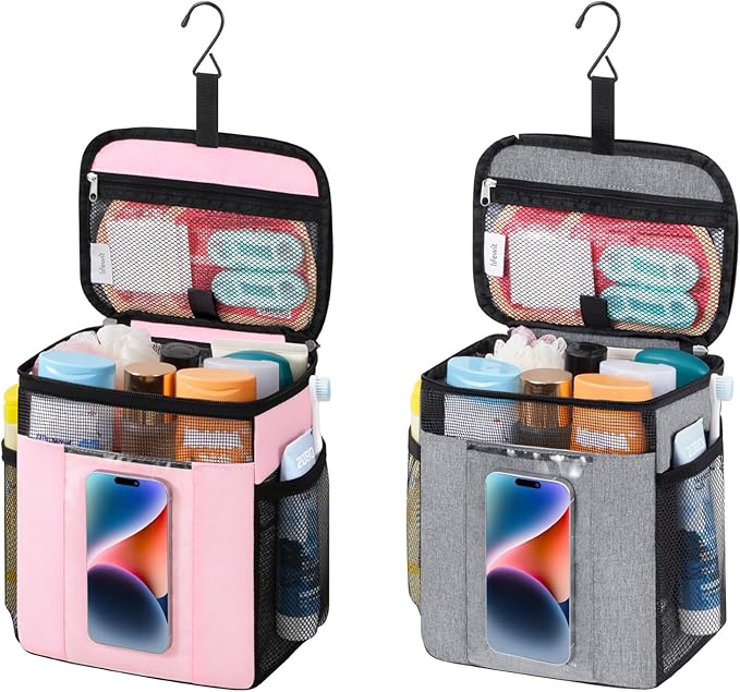 Lifewit 2 Packs Mesh Shower Caddy Bag Portable, Quick Dry Hanging Bathroom Organizer with PVC Phone Bag, College Dorm Room Essentials for Travel, Gym, Camping, Medium, Grey & Pink