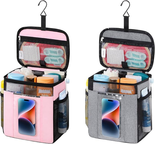 Lifewit 2 Packs Mesh Shower Caddy Bag Portable, Quick Dry Hanging Bathroom Organizer with PVC Phone Bag, College Dorm Room Essentials for Travel, Gym, Camping, Medium, Grey & Pink
