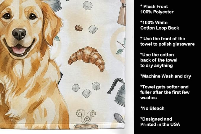 Caroline's Treasures Golden Retriever Coffee Bar Kitchen Towel Velour Plush Front and Cotton Loop Back Machine Washable