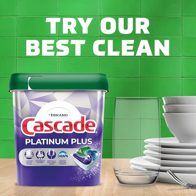 Cascade Platinum Plus Dishwasher Pods, Dish Detergent ActionPacs, Cleaning Supplies, Lemon, 52 Count