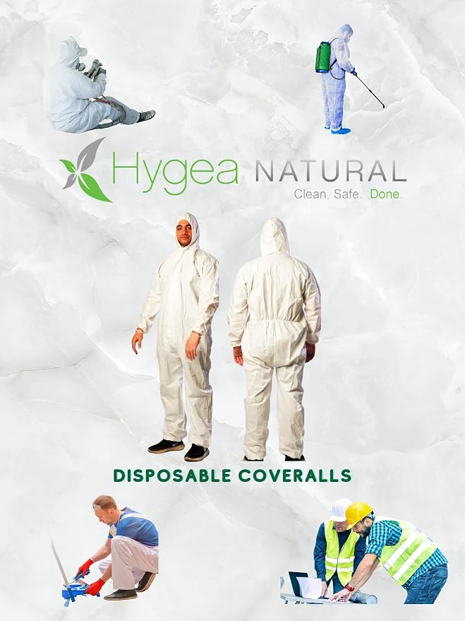 Hygea Natural Spotless Essentials 2-in-1 all purpose cleaner and Mite Spray (Lavender Breeze scent) 24oz + Disposable Coveralls Full Body Protective Clothing suit with hood (X-Large) Bundle