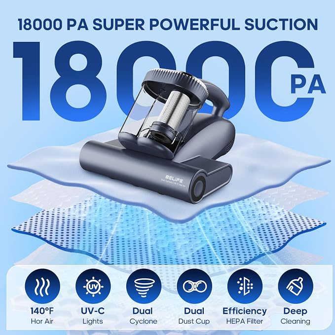 Belife M11 Mattress Vacuum Cleaner, 18Kpa 500W Handheld Bed Vacuum with UV & Hot Air, Dual Cyclone HEPA Filtration High-Frequency Tapping for Deep Cleaning Dust, Pet Hair Sofa Pillows, Corded