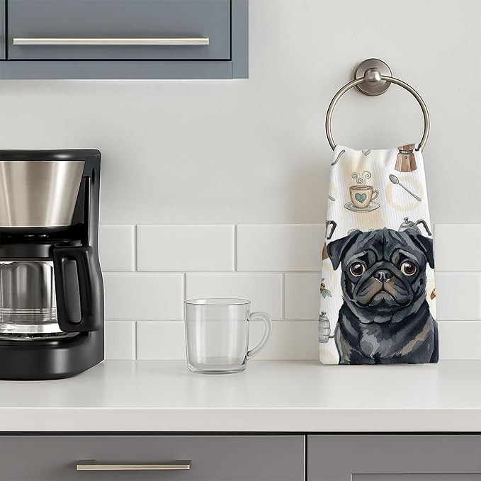 Caroline's Treasures Black Pug Coffee Bar Kitchen Towel Velour Plush Front and Cotton Loop Back Machine Washable