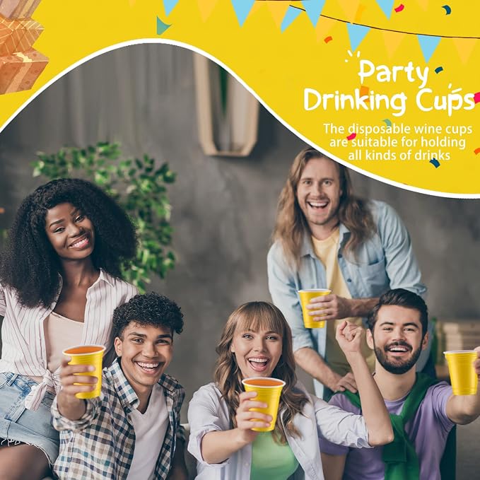 Sabary 100 Pack 12oz Plastic Cups Yellow Graduation Heavy Duty Drinking Disposable Cups with Lines for Beverage Holiday Wedding Camping Barbecues Birthday Party Outdoor Picnic(Yellow and White)