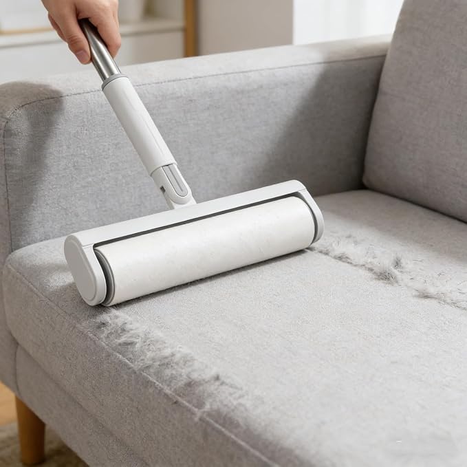 50" Large Lint Roller for Floor, 9.45'' Extendable Lint Roller with 7 Extra Sticky Refills (420 Sheets), One-Click Spring Button for Easy Refill Change, Sticky Rollers for Pet Hair, Floors