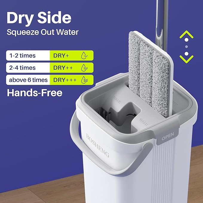 BOSHENG Mop and Bucket Set, Flat Mops for Floor Cleaning, Wall Mop with 60" Extensible Handle, Hardwood Floor Mop with 2 Microfiber Pads