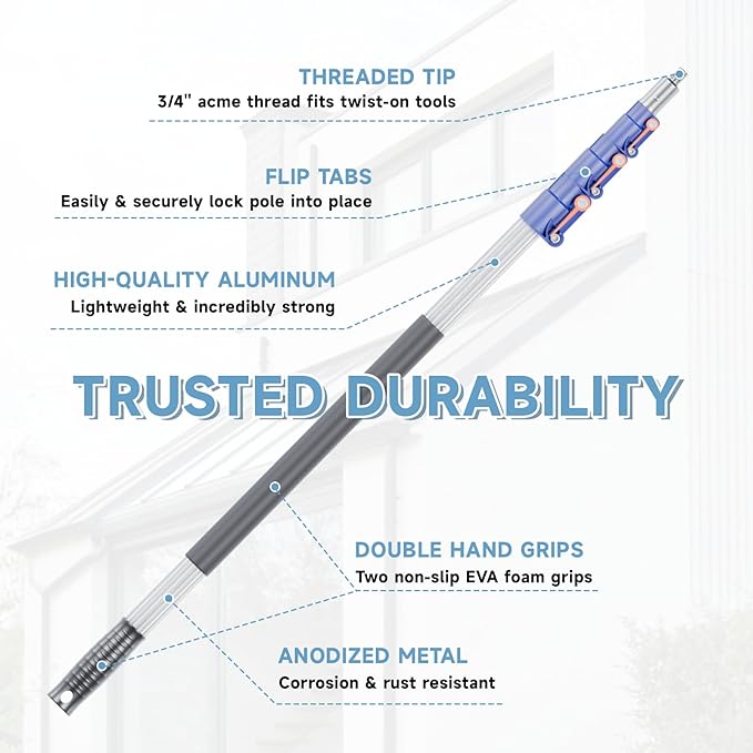 5-12ft Telescoping Durable Duster with Extension Pole – Lightweight Aluminum Cobweb Duster Kit – Extendable to 20ft Reach for Cleaning High Ceilings and Spider Webs