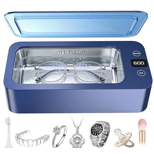 Ultrasonic Jewelry Cleaner,50khz Ultrasonic Cleaner Machine,17oz 316SUS Tank,5 Cleaning Modes,Suitable for Jewelry, Eyeglasses, Rings, Watch Bands, and Dentures (Blue)