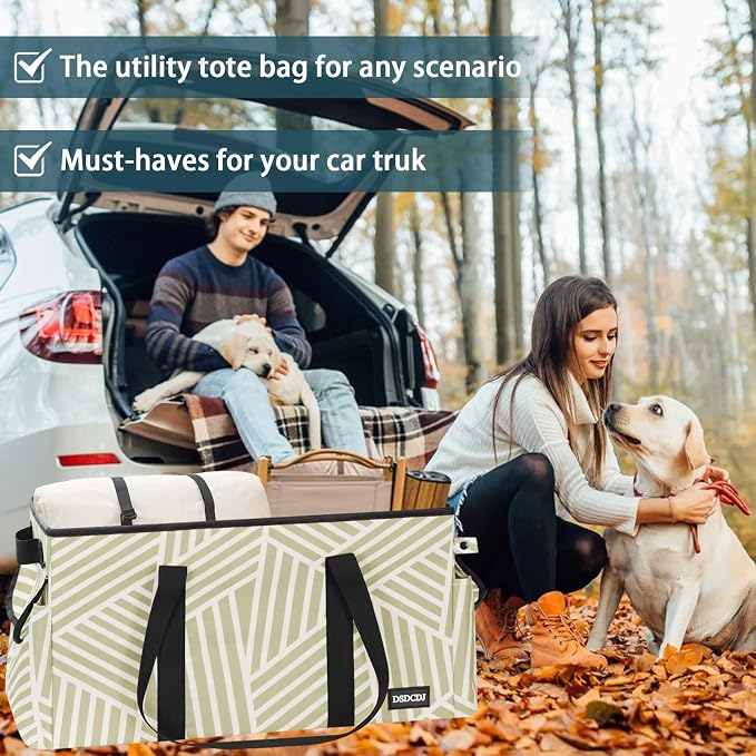 Standing Extra Large Utility Tote Bag with Hard Bottom & Hard Sides, Heavy Duty Reusable Grocery Bags with Handles & 3 Pockets for Shopping, Picnics, Camping, Laundry, Car, Beach Tote Bag