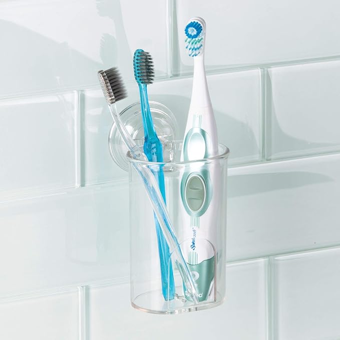 iDesign Plastic Suction Tumbler Cup and Bathroom Organizer for Mirror or Shower Storage – 3" x 3.5" x 4.5", Clear