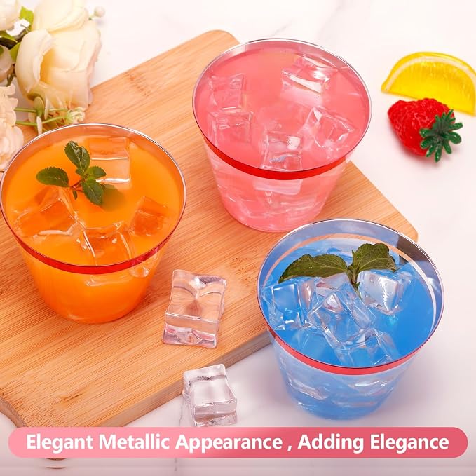 100 Pcs Red Rimmed Plastic Cups, 9 oz Disposable Wine Glasses, Elegant Cocktail Cup, Hard Plastic Drinking Cup, Clear Party Cups for Wedding, Birthday, Family Gatherings, Holiday