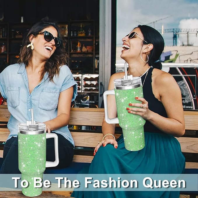 HWISDMIG 40oz Tumbler with Handle-Glitter Rhinestones Tumbler Bling Cups Stainless Steel Water Bottle Diamond Studded Tumbler for Women-Birthday Gifts for Women, Mom, Girlfriend (Green)