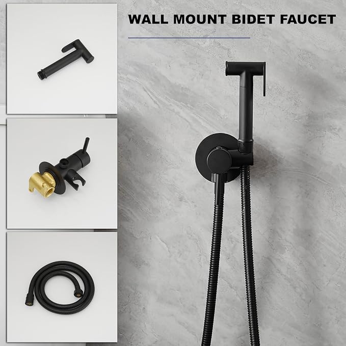 Wall Mounted Bidet Sprayer Set, Warm Water Bidet Sprayer Faucet for Toilet with Hot and Cold Brass Valve, Stainless Steel Round Handheld Bidet Attachment Set, Matte Black