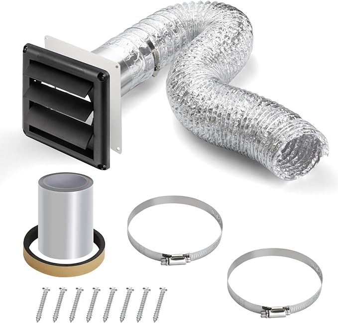 Dryer Vent Kit with Hose/Duct Connector/Wall Plate,4Inch Dryer Vent Hose Connector Wall Ducting Kit for Bathroom Ventilation Fans Exhaust,Ceiling Washer Air Circulation,Black Dryer Vent Cover Hood Kit