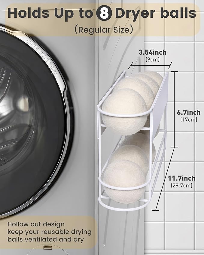 Dryer Ball Holder with Magnetic Back for Laundry Room Organization and Storage, Automatic Dryer Ball Roller Chute Container, White (No Balls)