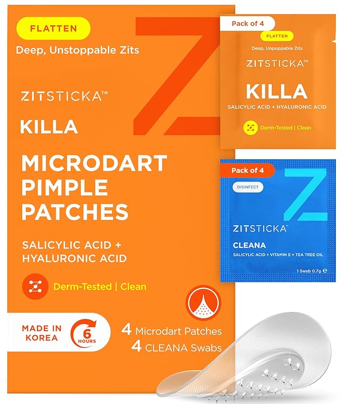 ZitSticka Killa Microdart Pimple Patches for Face - Most Potent Pimple Patch with Fast-Acting Microdarts - For Deep, Early-Stage Zits with Salicylic Acid - Regular 4 Count with Cleaning Swab
