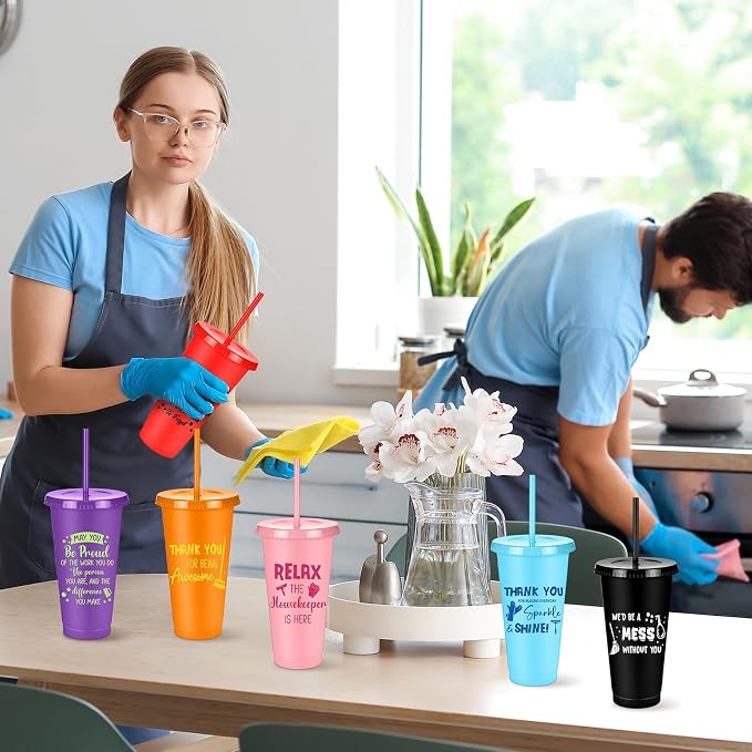 Meanplan 24 Pcs Appreciation Gifts Bulk 24 oz Plastic Tumbler with Lids and Straws Thank You Cups Travel Mugs Inspirational Gifts for(Housekeepers Week)