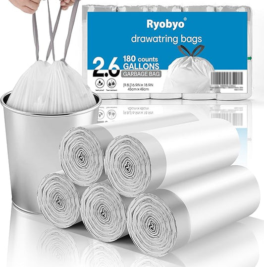 Small Trash Bags 2.6 Gallon Drawstring- 180 Counts 2.6 Gallon Trash Bag Extra Strong, Small Garbage Bags Unscented, Stretchy, Quick Cinch for Bathroom Kitchen, White