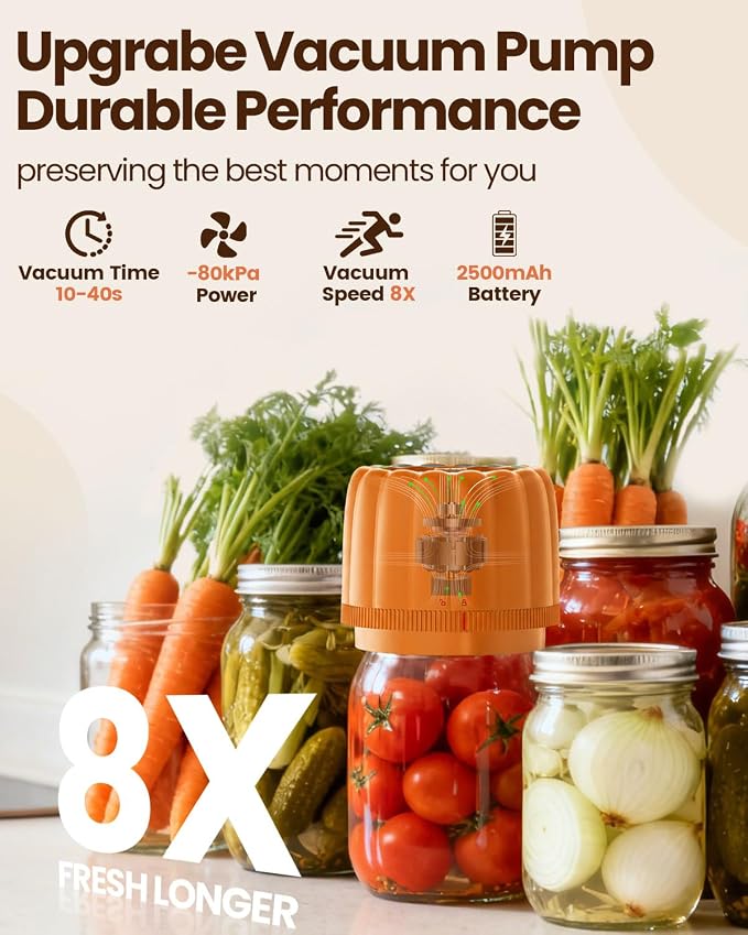 2026 Upgraded Electric Mason Jar Vacuum Sealer Kit with Wide and Regular Mouth Mason Lids -80kpa Automatic Vacuum Pump 2500mAh Battery One Touch Canning Sealing Machine for Food Storage Orange