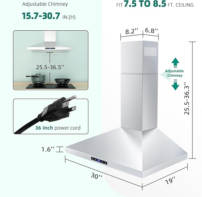 FIREGAS Range Hood 30 inch, Wall Mount Kitchen Hood in Stainless Steel With Ducted/Ductless Convertible, Stove Vent Hood with Permanent Filters, 3 Speed Exhaust Fan, LED Lights, Touch Control