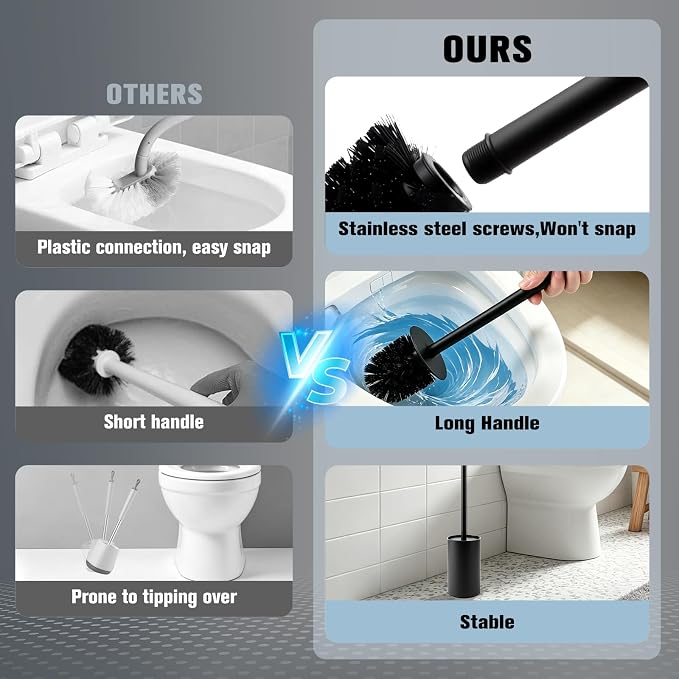 Stainless Steel Toilet Brush,Stainless Steel Toilet Bowl Brush and Holder for Bathroom,Toilet Brush and Holder with Replacement Head,Matte Black Toilet Brush with Long Handle,Sturdy and Space Saving