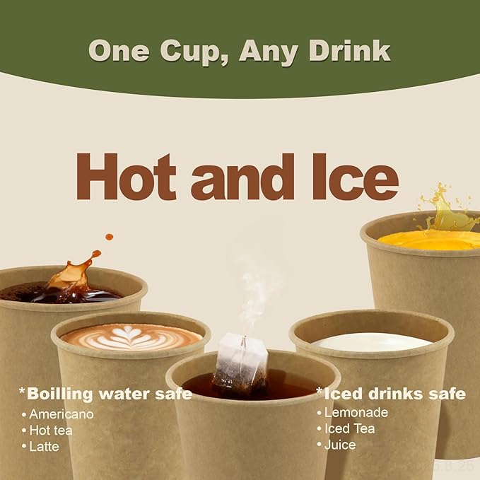 8 oz 100 Pack Disposable Coffee Cups, Bulk Brown Disposable Paper Cups, Coffee Cups for Hot Tea, Chocolate and Cold Drinks