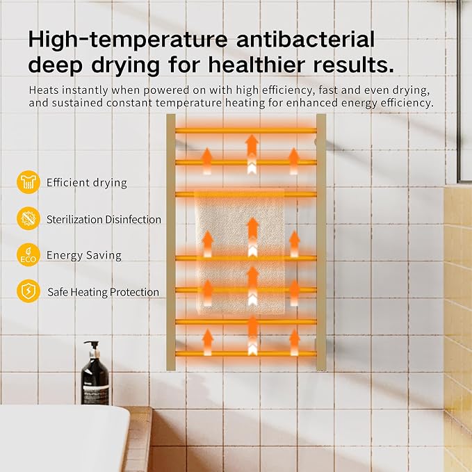 Z&Zhanle Electric Heated Towel Rack, Gold Finish, Wall Mounted Bathroom Warmer with Temperature Control, (Energy Efficient) with 7-Bar & Aluminum Frame for Bathroom