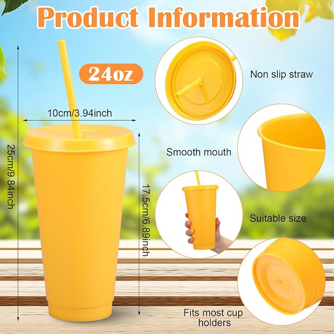 Honeydak 30 Pack Tumbler with Straw and Lid Bulk Cups for Gifts Water Bottle Iced Coffee Travel Mug Cup Reusable Plastic Tumblers for Party Birthdays 24-27 oz (Yellow Color)