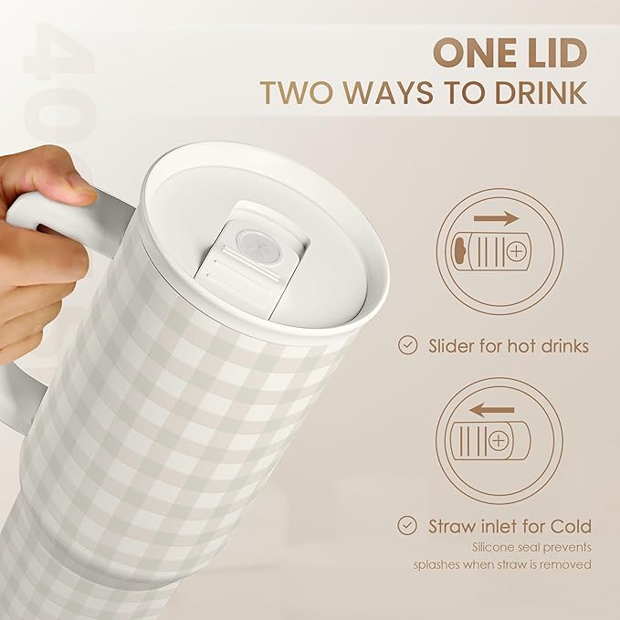 SANDJEST Grey Gingham 40oz Slider Tumbler with Handle and Straw - Insulated Stainless Steel Travel Coffee Mug for Women Girls, Gift for Birthday, Christmas
