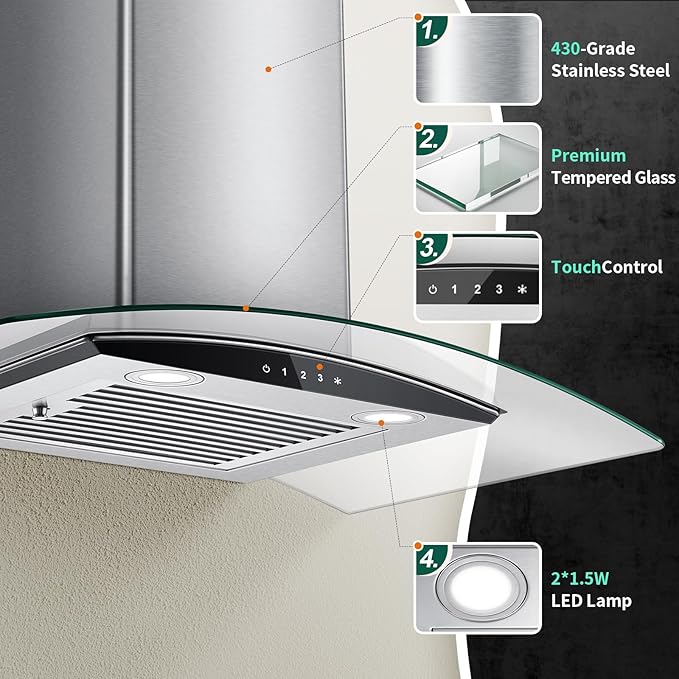 Tieasy Range Hood 30 Inch, 450 CFM Wall Mount Kitchen Hood with Ducted/Ductless Convertible Stainless Steel Filter Range Hoods 3-Speed Touch Control LED Lights