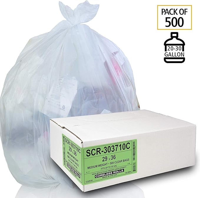 Aluf Plastics 20-30 Gallon Trash Bags - (Commercial 500 Pack) - Source Reduction Series Value High Density 10 Micron Gauge (equiv) - Intended for Home, Office, Bathroom, Paper, Styrofoam,Clear