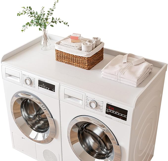 Memobarco Washer Dryer Countertop, 54" Width x 27.5" Depth Laundry Countertop Organization, Wooden Washer and Dryer Topper for Folding, Sorting & Ironing, Easy to Install, White