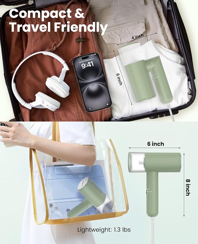 Handheld Steamer for Clothes, 1200W Foldable Travel Steamer, 20 Sec Preheat Garments Wrinkle Remover, 120V Portable Hand Iron with 150ml Water Tank, Clothes Steamer for Home Travel Green