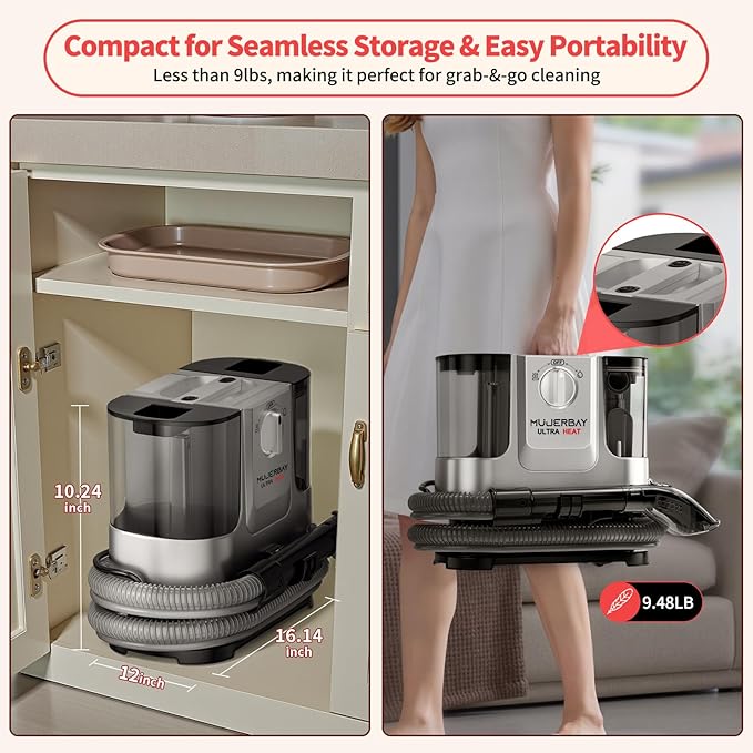 Upholstery Carpet Cleaner, MUJERBAY UltraHeat 12Kpa Portable Spot & Stain, Move with Universal Wheels & Handle, 1.18-inch Deep Cleaning Machine for Couch, Stairs, Car & Pet Messes.Silvery Black