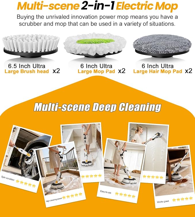 Qimedo Battery Electric Mop, Cordless Electric Scrubber & Mops for Floor Cleaning, Best Automatic Spin Mops with Smart Display,Rotating Mop with LED Light & Water Spray