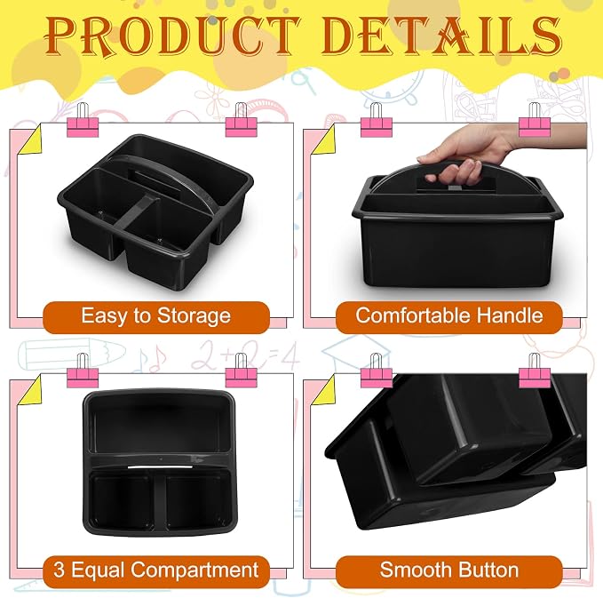 Geelin 24 Pack Classroom Caddy Bulk, Plastic Storage Caddy with Handle and 3 Compartments, Stackable Art Supply Caddies Organizer(Black)