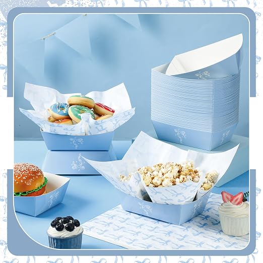 Geosar 100 Pcs Coquette Bow Paper Food Trays Bulk Bow Party Supplies Birthday Decor Disposable Food Boat Trays with Wax Paper Sheet Wrapping for Wedding Bridal Party Supplies(Blue)