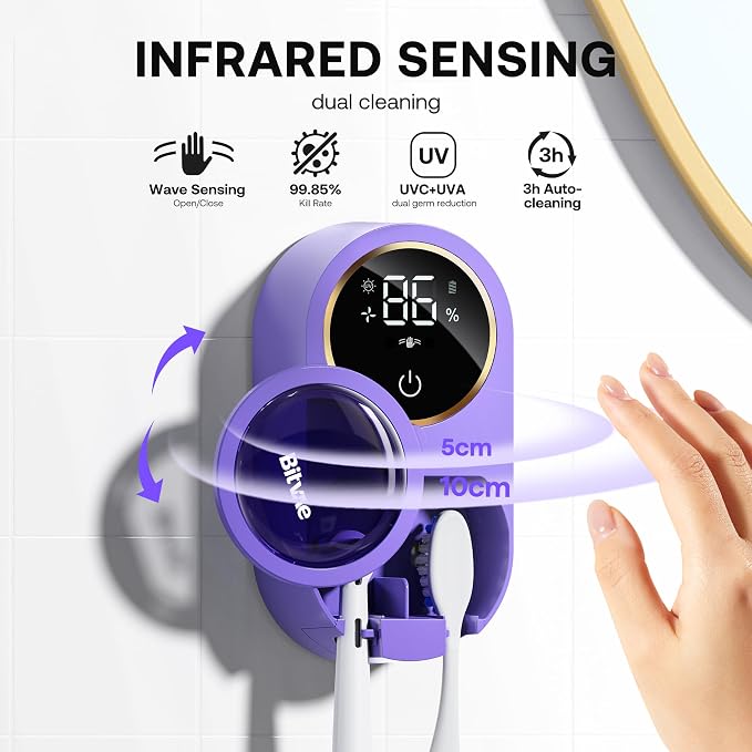 Bitvae Tooth Brush Holder for Bathroom, Infrared Sensing Toothbrush Cleaner, Wall-Mounted for Any Size Toothbrushes, Air Drying, LED Smart Screen, Purple