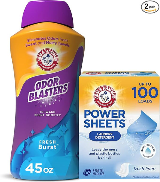 Bundle of Arm & Hammer Power Sheets Laundry Detergent, Fresh Linen 50ct, up to 100 Small Loads (Packaging may vary) + ARM & HAMMER Odor Blasters