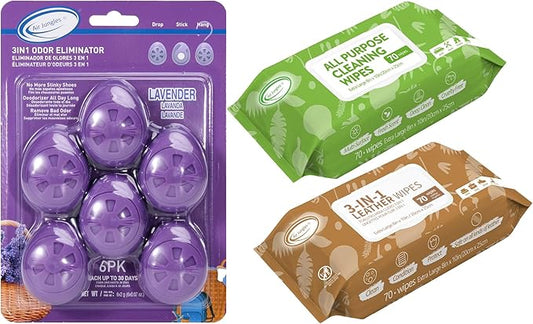 Air Jungles Odor Eliminator Balls 6 Count Lavender, Leather Cleaner Wipes 70 Count & All-Purpose Cleaning Wipes 70 Count, 3-in-1 Bundle for Car, Home, Gym, Shoes, Furniture & More