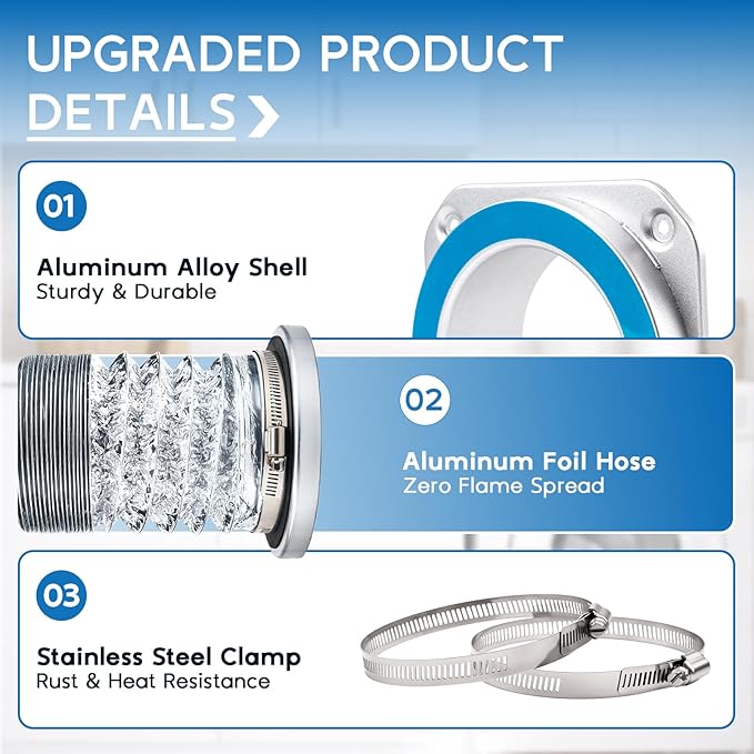 DV180 Magnetic Dryer Vent Coupling Connector Kit, Quick Connection, Airtight Seal, Easy to Clean, Universal Compatibility with Standard 4" Dryer Vent Systems, Includes 2.6ft Hose, 2 Clamps & Foil Tape