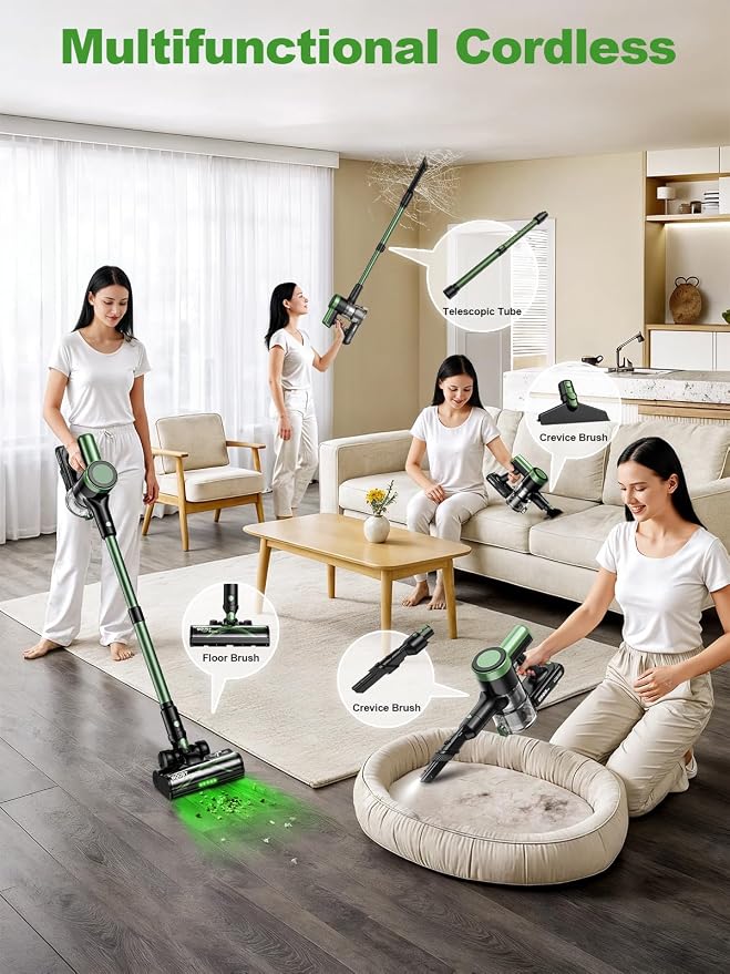 Cordless Vacuum Cleaner, 10 in 1 Vacuum Cleaners for Home, Ultra-Long Runtime Stick Vacuum with Self-Standing & LED Display, Anti-Tangle & Wall Mount Charging