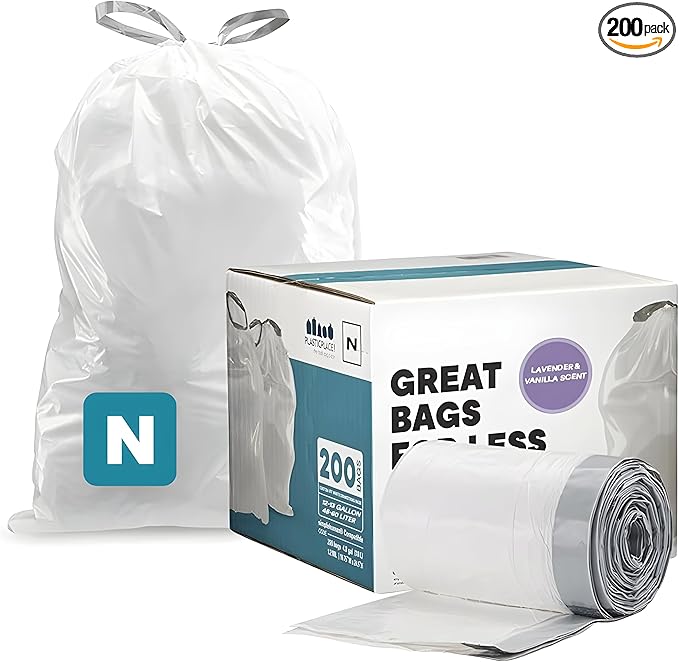 Plasticplace White Drawstring Lavender and Soft Vanilla Scented Garbage Can Liners, Compatible with Code N (200 Count) 12-13 Gallon, 45-50 Liter, 1.2 Mil, 22.5" x 31.5"